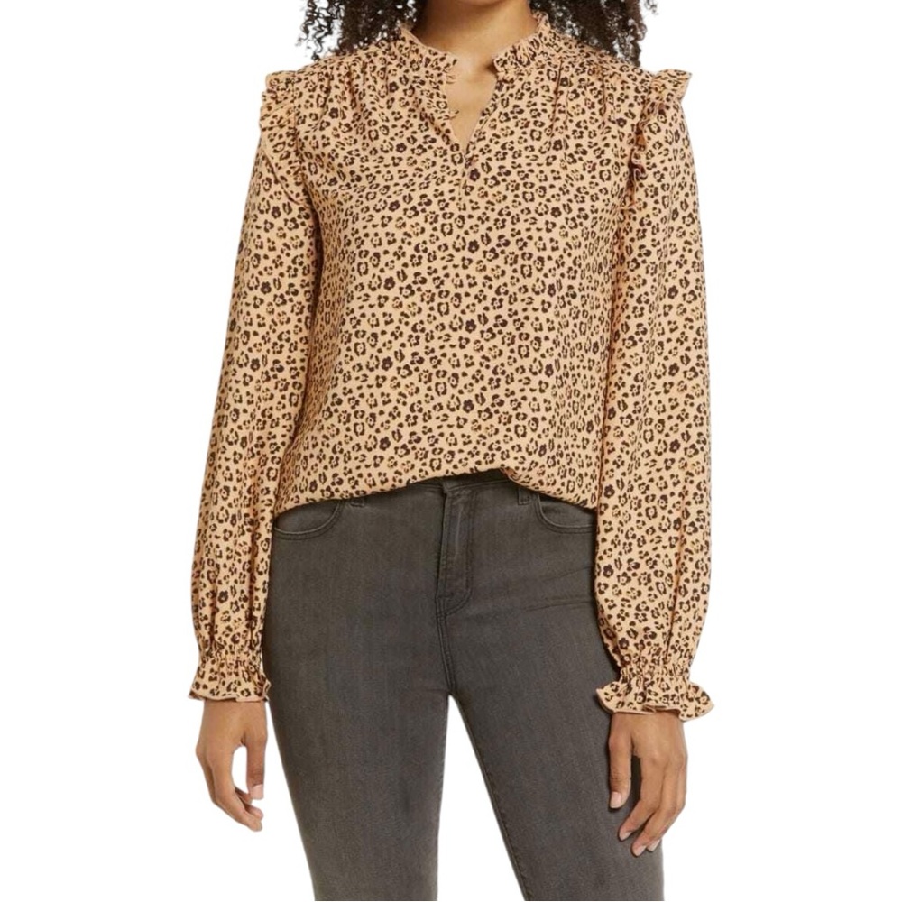 Rachel Parnell Tan Brown Leopard Print Ruffle Long Sleeve Blouse Top Extra Small